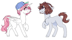 Size: 1093x617 | Tagged: safe, artist:shiromidorii, oc, oc only, oc:aiden, alicorn, earth pony, pony, accessory theft, cap, female, hat, male, mare, simple background, stallion, tongue out, transparent background