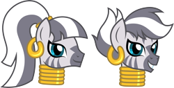 Size: 3000x1523 | Tagged: safe, artist:cloudyglow, derpibooru import, zecora, zebra, alternate hairstyle, ear piercing, earring, female, grin, jewelry, looking at you, neck rings, piercing, quadrupedal, simple background, smiling, solo, transparent background