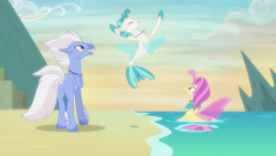 Size: 1920x1080 | Tagged: safe, derpibooru import, screencap, ocean flow, sky beak, terramar, classical hippogriff, hippogriff, seapony (g4), surf and/or turf, butt, discovery family logo, family, father and child, father and son, female, male, mother and child, mother and son, parent and child