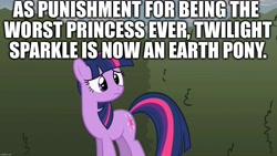 Size: 1280x720 | Tagged: safe, derpibooru import, edit, edited screencap, screencap, twilight sparkle, earth pony, pony, the return of harmony, abuse, background pony strikes again, image macro, karma, meme, twilybuse, worst pony, worst princess