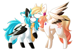 Size: 2170x1440 | Tagged: safe, artist:despotshy, derpibooru import, oc, oc only, oc:beatz, oc:ember, pegasus, pony, female, hug, mare, simple background, transparent background, two toned wings