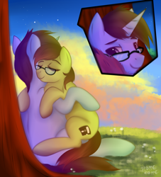 Size: 1819x2000 | Tagged: safe, artist:homecome, derpibooru import, oc, oc:tinker doo, pony, unicorn, eyes closed, full body, gay, glasses, male, scenery, snuggling