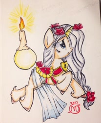 Size: 1024x1235 | Tagged: safe, artist:crystalizedflames, oc, oc only, oc:creme de la creme, original species, pony, female, flower, horn, lollipony, mare, saddle, solo, tack, traditional art