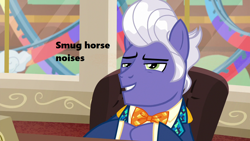 Size: 1280x720 | Tagged: safe, derpibooru import, edit, edited screencap, screencap, gladmane, season 6, viva las pegasus, chair, descriptive noise, horse noises, hotel, necktie, office, punchable, roller coaster, smug, smug son of a bitch, solo, text, window