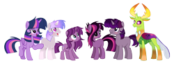 Size: 6416x2344 | Tagged: safe, artist:thesmall-artist, derpibooru import, thorax, twilight sparkle, twilight sparkle (alicorn), oc, oc:heaven sprinkle, oc:midnight chasm, oc:starpop twist, oc:stella nyx magic, alicorn, changedling, changeling, pony, female, king thorax, magical lesbian spawn, male, offspring, parent:tempest shadow, parent:thorax, parent:twilight sparkle, parents:tempestlight, parents:twirax, shipping, simple background, straight, transparent background, twirax