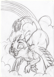 Size: 1771x2515 | Tagged: safe, artist:cutepencilcase, derpibooru import, oc, oc:gyro feather, oc:gyro tech, griffon, flying, griffonized, monochrome, rainbow, species swap, traditional art