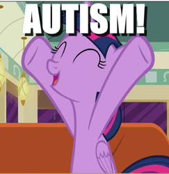 Size: 438x450 | Tagged: safe, edit, edited screencap, screencap, twilight sparkle, twilight sparkle (alicorn), alicorn, pony, the saddle row review, autism, autistic twilight, cheering, cropped, image macro, meme, solo