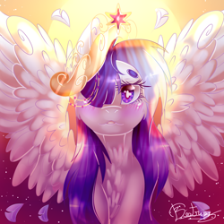Size: 2000x2000 | Tagged: safe, artist:6-fingers-lover, derpibooru import, twilight sparkle, twilight sparkle (alicorn), alicorn, pony, big crown thingy, blushing, chest fluff, crown, feather, high res, jewelry, regalia, solo, spread wings, twilight (astronomy), wings