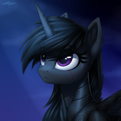 Size: 3000x3000 | Tagged: safe, artist:setharu, derpibooru import, oc, oc only, alicorn, alicorn oc, armor, cut, cute, eye scar, female, looking up, mare, night, purple eyes, scar