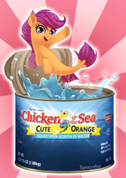 Size: 4961x7016 | Tagged: safe, artist:taneysha, derpibooru import, scootaloo, seapony (g4), surf and/or turf, absurd resolution, chicken of the sea, cute, cutealoo, female, looking at you, scootachicken, seaponified, seapony scootaloo, smiling, solo, species swap, tin can