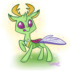 Size: 800x818 | Tagged: safe, artist:flourret, thorax, changedling, changeling, :p, chibi, cute, freckles, king thorax, raised hoof, signature, smiling, solo, sparkles, spread wings, standing, tongue out, wings