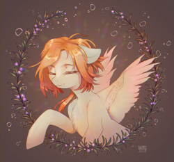 Size: 1567x1462 | Tagged: safe, artist:dagmell, derpibooru import, oc, pegasus, pony, flower, red hair, red mane, solo