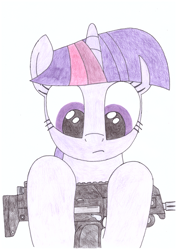 Size: 1024x1448 | Tagged: safe, artist:zocidem, derpibooru import, twilight sparkle, face, female, gun, mare, mp7, traditional art, weapon