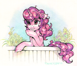 Size: 1649x1412 | Tagged: safe, artist:lispp, derpibooru import, sugar belle, pony, unicorn, female, fence, floppy ears, flower, mare, plant, smiling, solo, traditional art, windswept mane