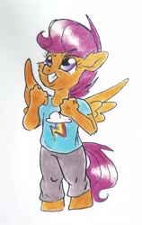 Size: 1983x3147 | Tagged: safe, artist:frootytoots, derpibooru import, scootaloo, anthro, unguligrade anthro, clenched fist, clothes, colored, female, filly, solo, traditional art