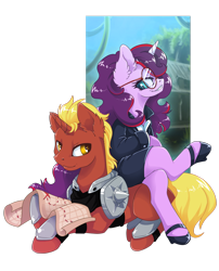 Size: 1024x1270 | Tagged: safe, artist:arctic-fox, derpibooru import, oc, oc only, oc:aramau, oc:firebrand, pony, unicorn, buckler, commission, crossed legs, female, glasses, high heels, male, map, mare, shield, shoes, simple background, sitting on pony, stallion, transparent background