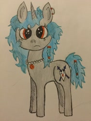 Size: 2448x3264 | Tagged: safe, artist:ice-star-pony, derpibooru import, oc, oc only, oc:topazora, alternate universe, braid, doodle, ear piercing, earring, fanfic, fanfic art, jewelry, looking at you, messy mane, necklace, next generation, offspring, parent:king sombra, parent:princess luna, parents:lumbra, piercing, solo, teenager, traditional art