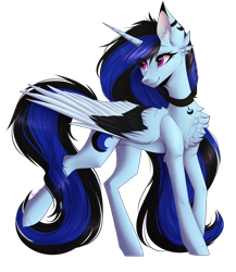 Size: 1214x1400 | Tagged: safe, artist:monogy, derpibooru import, oc, oc:moonlight shadow, alicorn, alicorn oc, colored wings, commission, female, multicolored wings, raised hoof, simple background, solo, transparent background