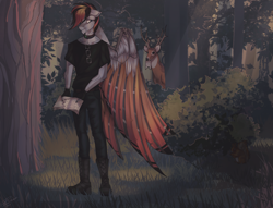 Size: 2560x1960 | Tagged: safe, artist:orfartina, oc, oc only, anthro, deer, pegasus, plantigrade anthro, anthro oc, book, bush, clothes, forest, male, pants, scenery, shirt, stallion, tree