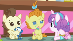 Size: 2560x1440 | Tagged: safe, screencap, pound cake, princess flurry heart, pumpkin cake, pony, a flurry of emotions, diaper, foal, plushie, sugarcube corner