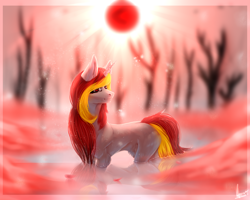 Size: 2500x2000 | Tagged: safe, artist:hicheeras, derpibooru import, oc, oc only, pony, unicorn, blurry background, digital art, female, high res, mare, signature, solo, water