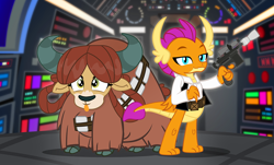 Size: 1100x665 | Tagged: safe, artist:pixelkitties, derpibooru import, smolder, yona, dragon, yak, school daze, bandolier, blaster, chewbacca, clothes, cloven hooves, cosplay, costume, crossover, dragoness, duo, female, han solo, may the fourth be with you, smiling, star wars