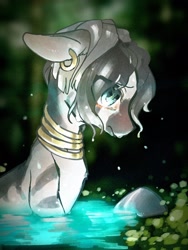 Size: 1200x1600 | Tagged: safe, artist:toki, derpibooru import, zecora, zebra, accessories, ear piercing, earring, female, jewelry, looking down, mare, piercing, solo, wet hair, wet mane