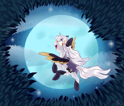 Size: 3500x3000 | Tagged: safe, artist:aledera, derpibooru import, oc, oc only, oc:ira, pegasus, pony, cloud, colored ears, colored pupils, colored wings, female, flying, full moon, high res, leaf, looking at you, looking back, looking back at you, mare, moon, night, night sky, open mouth, sky, smiling, socks (coat marking), solo, spread wings, starry night, two toned wings, underhoof, windswept mane, wings