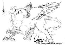 Size: 800x553 | Tagged: safe, artist:omny87, derpibooru import, oc, oc only, oc:der, griffon, spider, behaving like a bird, birb, birds doing bird things, cheek fluff, chest fluff, fluffy, frown, glare, grayscale, leg fluff, lineart, monochrome, neck fluff, puffy cheeks, scared, shivering, sketch, solo, spread wings, tail fluff, wide eyes, wing fluff, wings