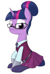 Size: 1345x2000 | Tagged: safe, artist:moonatik, derpibooru import, sci-twi, twilight sparkle, pony, unicorn, equestria girls, belt, bracelet, clothes, crystal prep academy uniform, equestria girls ponified, glasses, hair bun, jewelry, necktie, pleated skirt, ponified, school uniform, shirt, simple background, skirt, socks, solo, transparent background, unicorn sci-twi