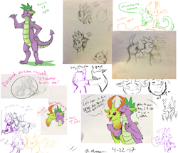 Size: 2764x2375 | Tagged: safe, artist:amandaam, spike, thorax, changedling, changeling, dragon, adult, adult spike, comic, cute, demisexual, duality, gay, king thorax, male, older, older spike, shipping, sketch, sketch dump, teenage spike, teenager, thoraxspike