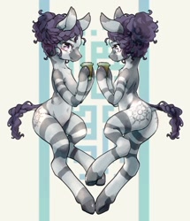 Size: 880x1023 | Tagged: safe, artist:toki, derpibooru import, oc, oc only, oc:compass rose (zebra), semi-anthro, zebra, bun, cup, dock, drink, female, holding, pale belly, plot, solo, zebra oc