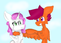 Size: 1024x723 | Tagged: safe, artist:xxtorchixx, scootaloo, sweetie belle, pony, cloud, female, lesbian, scootabelle, shipping