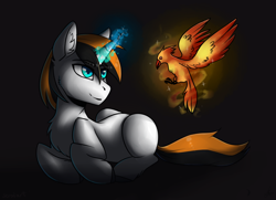 Size: 1700x1230 | Tagged: safe, artist:serodart, derpibooru import, oc, bird, phoenix, unicorn, dark, darkness, fire, magic, male, solo