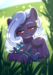 Size: 2894x4093 | Tagged: safe, artist:athyess, oc, oc only, oc:poison joke, pony, absurd resolution, female, grass, mother and child, mother and daughter, parent and child, prone, smiling