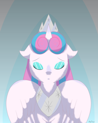 Size: 1024x1280 | Tagged: safe, artist:achuni, derpibooru import, princess flurry heart, alicorn, abstract background, crown, eyes closed, female, filly, incline, jewelry, necklace, regalia, solo, wings