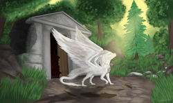 Size: 2500x1500 | Tagged: safe, artist:silviawing, derpibooru import, oc, oc only, oc:aeks (flayg) daar karus, dragon, commission, cyrillic, dirty, door, grass, russian, scar, tomb, tree, white hair