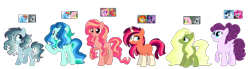 Size: 3700x1019 | Tagged: safe, artist:vovanpetuh, derpibooru import, oc, oc only, oc:aqua blue, oc:firewall sparkle, oc:lemon quartz, oc:mi dulce manzana, oc:minty fresh, oc:whirlwind, earth pony, pegasus, pony, unicorn, blaze (coat marking), female, hair over one eye, magical lesbian spawn, mare, offspring, parent:big macintosh, parent:fluttershy, parent:marble pie, parent:pinkie pie, parent:princess cadance, parent:rainbow dash, parent:soarin', parent:starlight glimmer, parent:sunburst, parents:cadmac, parents:flutterdash, parents:marbledash, parents:marbleshy, parents:soarinpie, parents:starburst, simple background, socks (coat marking), transparent background