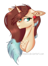 Size: 1237x1681 | Tagged: safe, artist:forestemni, derpibooru import, oc, pony, unicorn, bust, cherry, female, food, signature, simple background, solo, transparent background