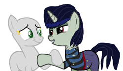 Size: 1165x672 | Tagged: safe, artist:jadedapegasus, derpibooru import, edit, edited screencap, screencap, oc, earth pony, pony, unicorn, 1000 hours in ms paint, base, base used, bedroom eyes, brown eyes, crossover, crossover shipping, crossover x oc, dark hair, duo, female, flirting, gorillaz, green eyes, green pony, holding hooves, lidded eyes, male, ms paint, murdoc, murdoc niccals, nervous grin, ponified, shipping, straight