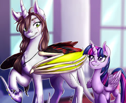 Size: 1280x1050 | Tagged: safe, artist:mr-murder, derpibooru import, twilight sparkle, twilight sparkle (alicorn), oc, alicorn, bat pony, demon pony, alicorn oc, bat pony oc, duo, looking at each other