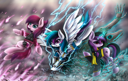 Size: 1024x652 | Tagged: safe, alternate version, artist:hoodiefoxy, derpibooru import, oc, oc only, oc:blake light, oc:ray light, oc:rose light, earth pony, pegasus, pony, unicorn, clothes, creature, lightning, magic, open mouth