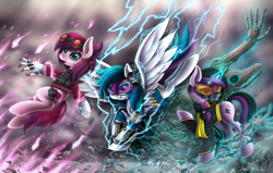 Size: 1024x652 | Tagged: safe, artist:hoodiefoxy, derpibooru import, oc, oc only, oc:blake light, oc:ray light, oc:rose light, earth pony, pegasus, pony, unicorn, clothes, creature, goggles, lightning, magic, open mouth, visor