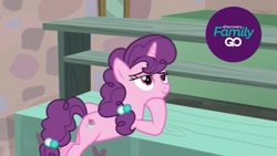 Size: 1258x710 | Tagged: safe, screencap, sugar belle, pony, hard to say anything, bedroom eyes, discovery family logo, solo