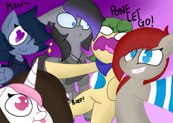 Size: 1023x731 | Tagged: safe, artist:feelingpandy, derpibooru import, oc, oc only, oc:eclipsed moonwolf, oc:lunar stride, oc:mossy vine, oc:ponepony, oc:razzy jazzy, bat pony, earth pony, pegasus, pony, unicorn, :p, abstract background, base used, cute, dialogue, group photo, heart eyes, silly, tongue out, wingding eyes