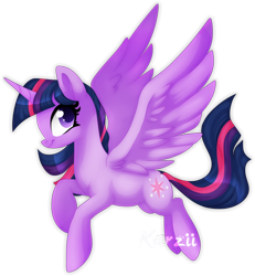 Size: 600x650 | Tagged: safe, artist:karzii, twilight sparkle, twilight sparkle (alicorn), alicorn, pony, female, flying, mare, signature, simple background, smiling, solo, spread wings, transparent background, wings