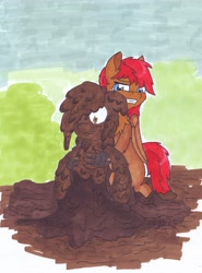 Size: 2600x3518 | Tagged: safe, artist:pzkratzer, derpibooru import, oc, bat pony, covered, messy, mud, muddy, ponygriff, swamp, traditional art