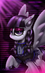 Size: 2600x4200 | Tagged: safe, artist:darksly, derpibooru import, inky rose, pegasus, pony, honest apple, clothes, commission, eyeshadow, female, goth, lidded eyes, makeup, mare, solo
