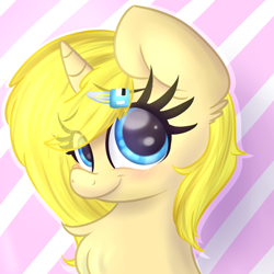 Size: 1000x1000 | Tagged: safe, artist:littleblackraencloud, derpibooru import, oc, oc:annabelle (zizzydizzymc), unicorn, avatar, blushing, digital art, floppy disk, hairclip, shading, solo