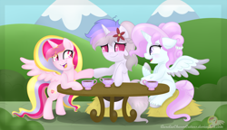 Size: 4686x2693 | Tagged: safe, artist:raspberrystudios, oc, oc only, oc:artiia moondrop, oc:aurelia charm, oc:orchidea loitsu, alicorn, changeling, pony, absurd resolution, alicorn oc, blushing, changeling oc, excited, giggling, hoofbump, hooves, meeting, shy, sitting, spread wings, standing, white changeling, wings